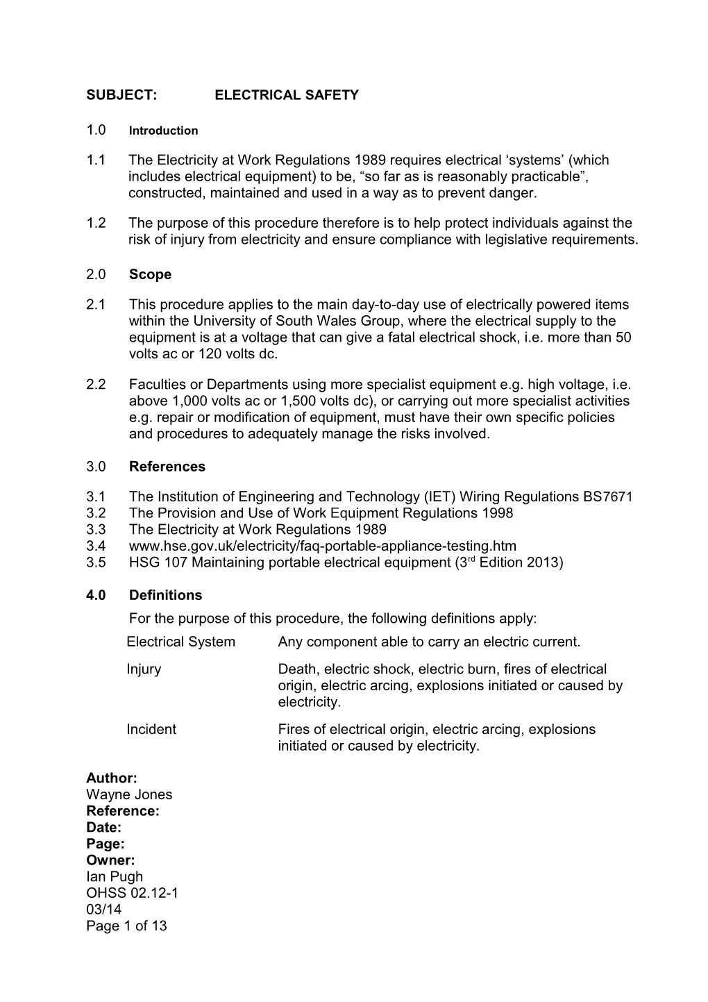 Subject: Electrical Safety