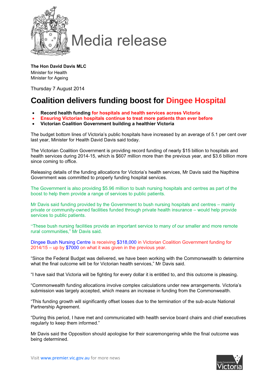 Coalition Delivers Funding Boost for Dingee Hospital