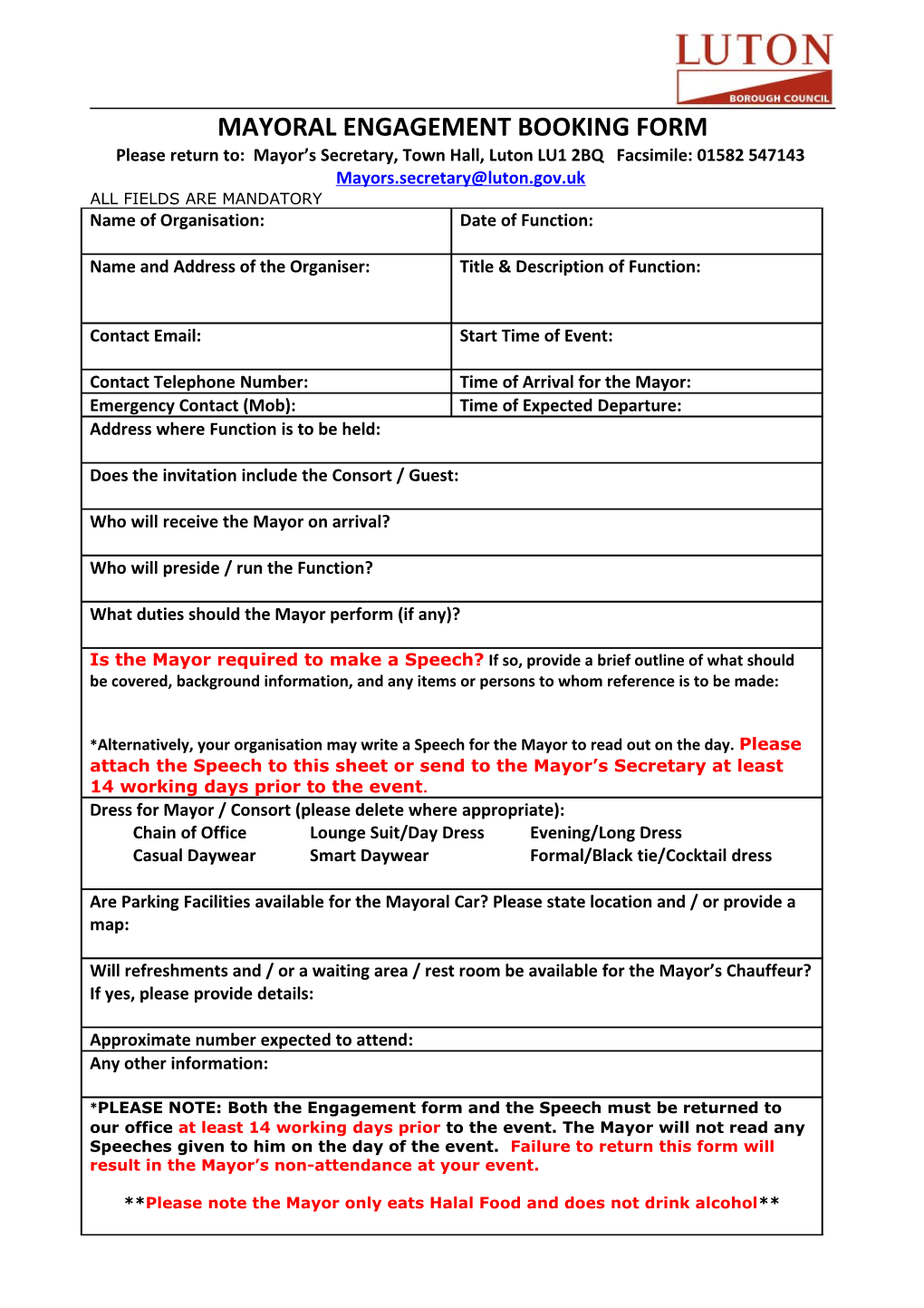 Mayors Engagement Booking Form 2016-17