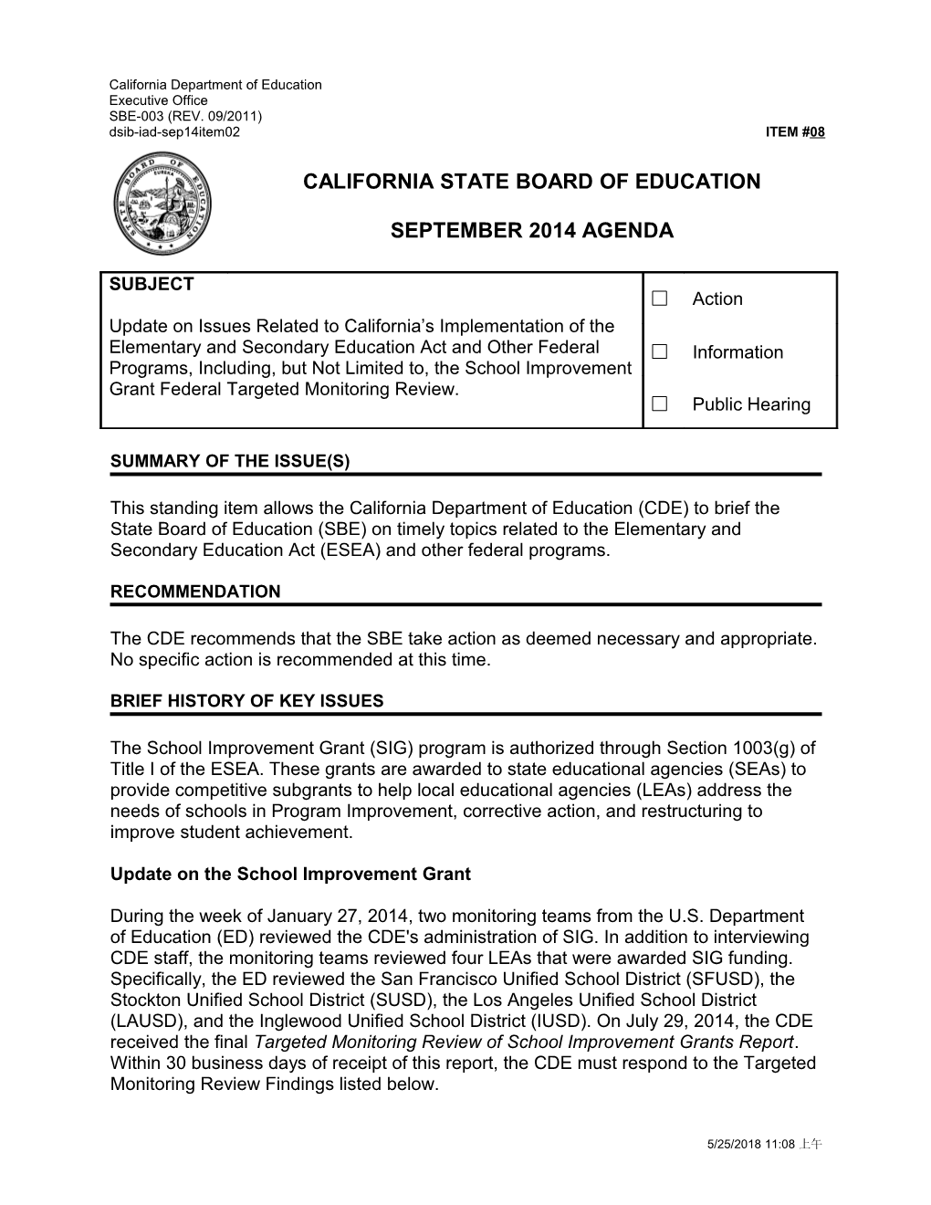 September 2014 Agenda Item 08 - Meeting Agendas (CA State Board of Education)