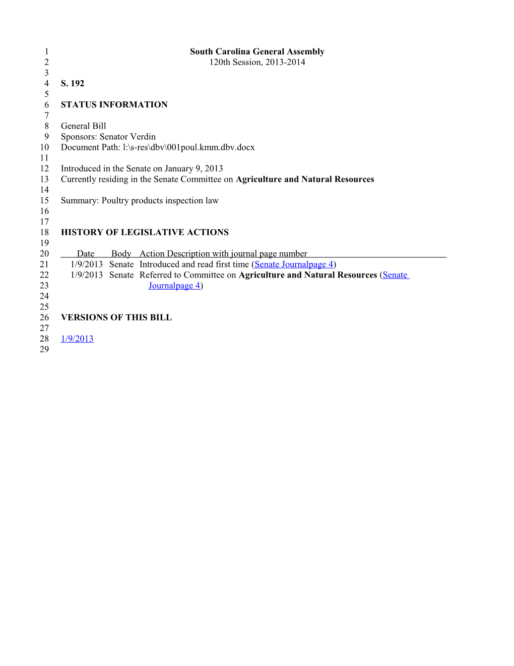 2013-2014 Bill 192: Poultry Products Inspection Law - South Carolina Legislature Online