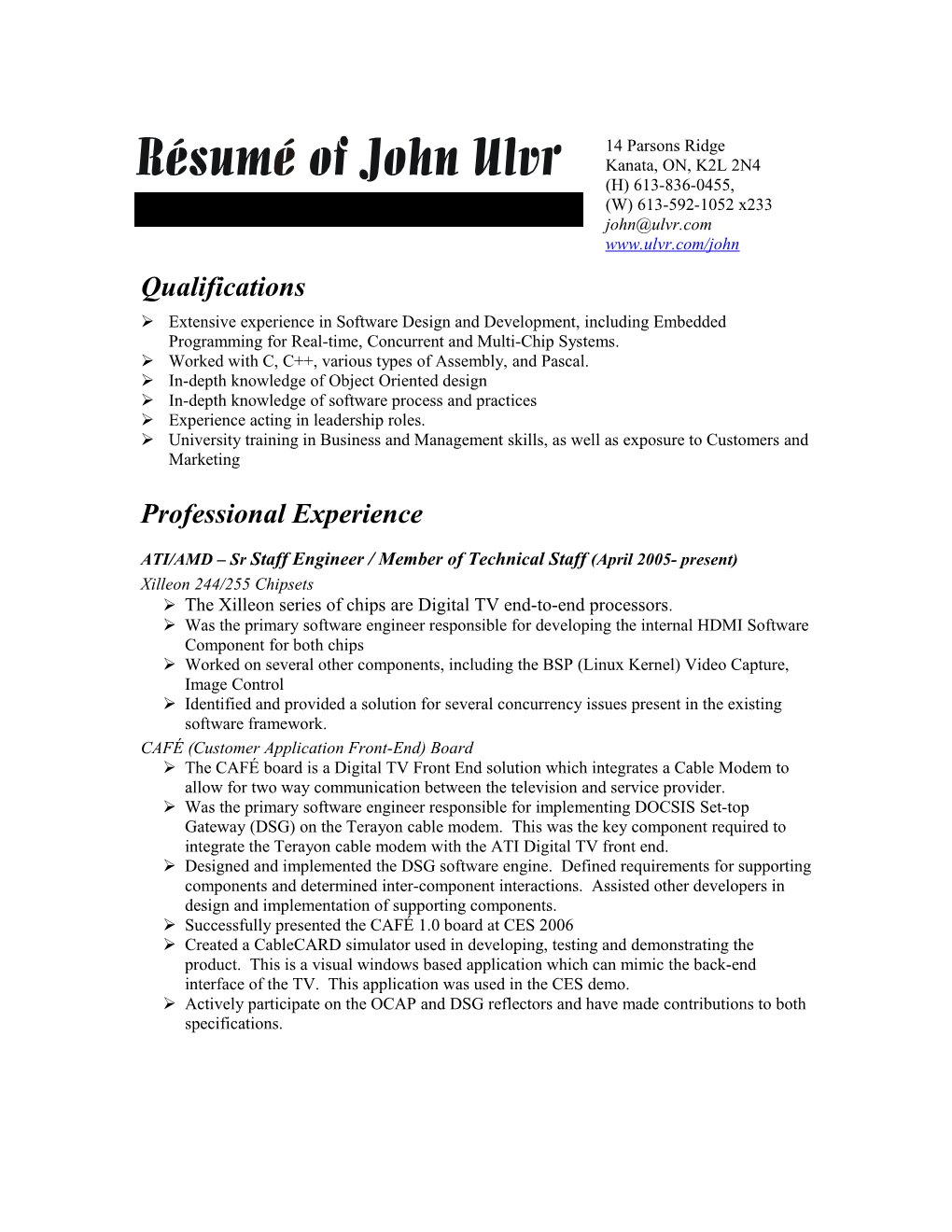 Resume of John Ulvr