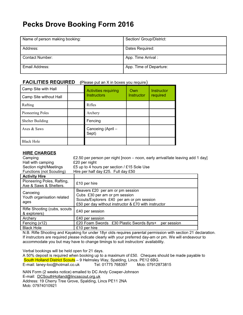 Boxford Spinney Booking Form 2014