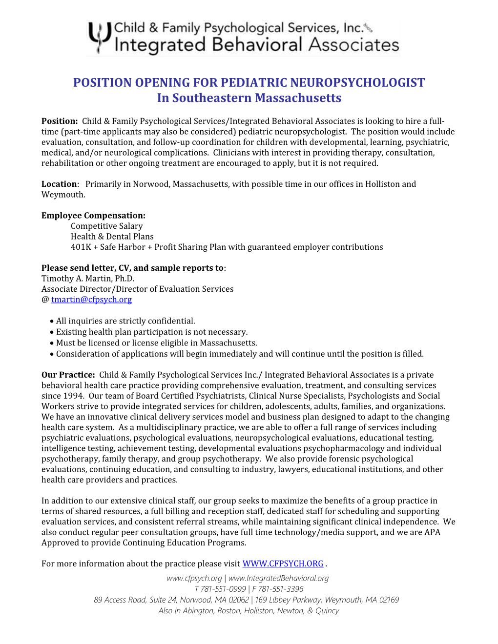 Position Opening for Pediatric Neuropsychologist