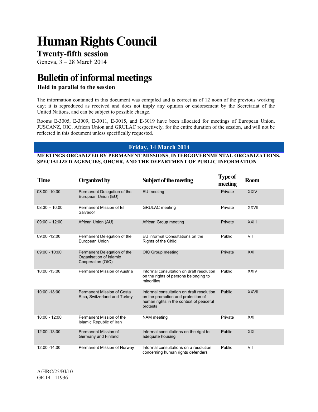 Bulletin of Informal Meetings, Friday, 14 March 2014 in English (Word)