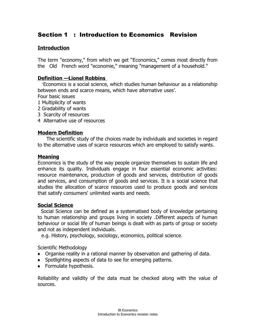 Section 1 : Introduction to Economics Revision