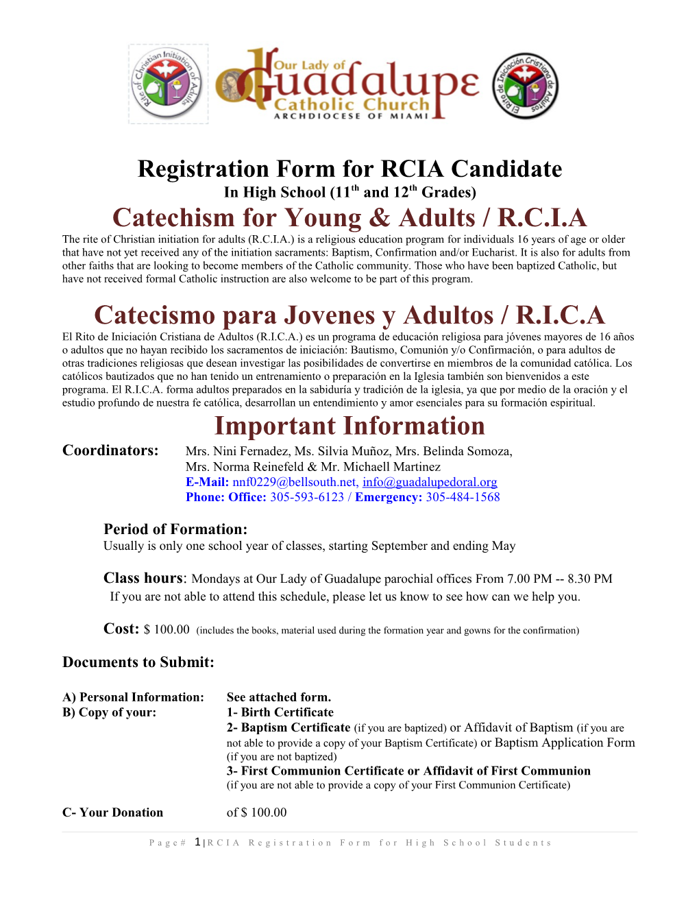 Registration Form for RCIA Candidate