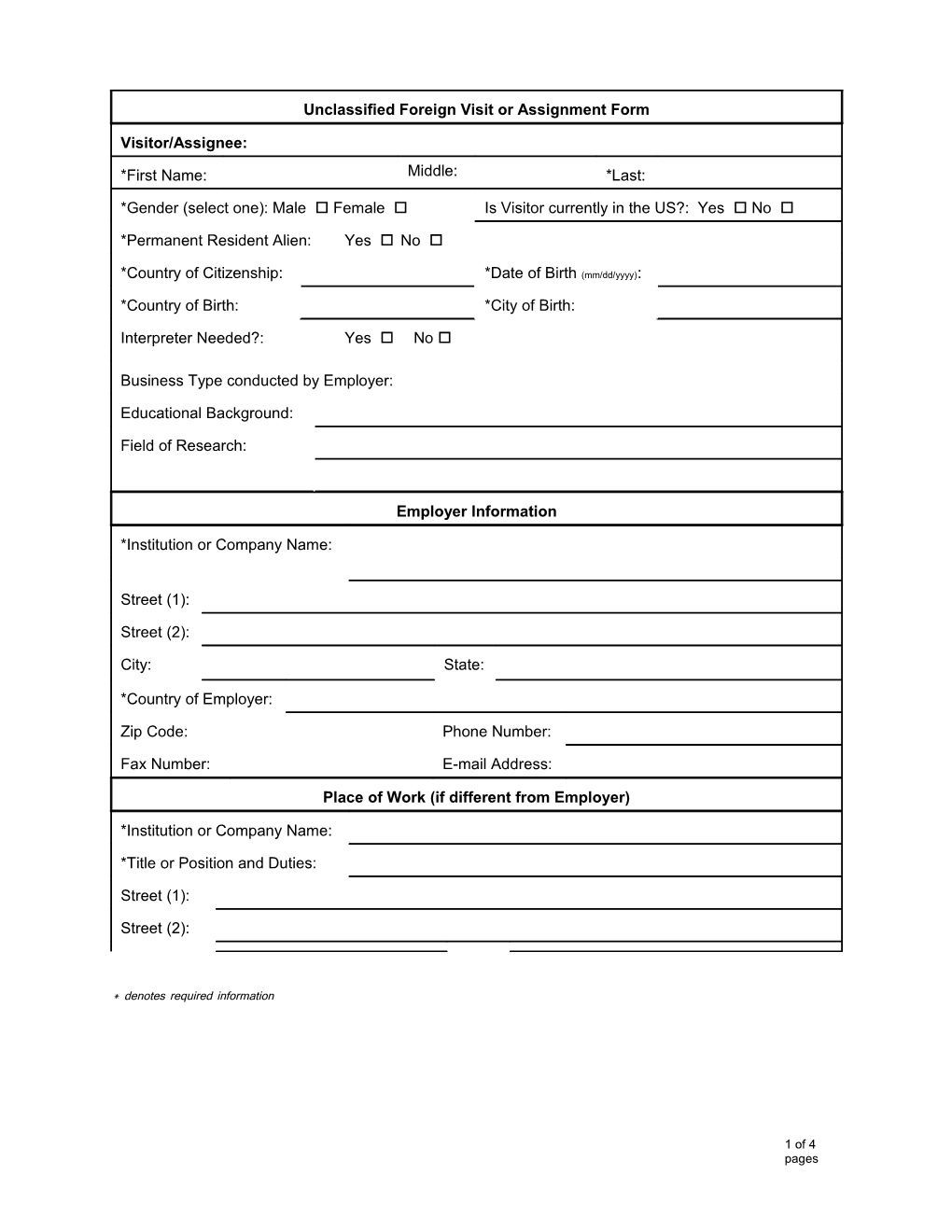 Unclassified Foreign Visit Or Assignment Form