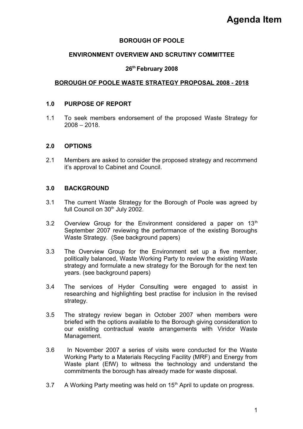 Borough of Poole Waste Strategy Proposal 2008 - 2018