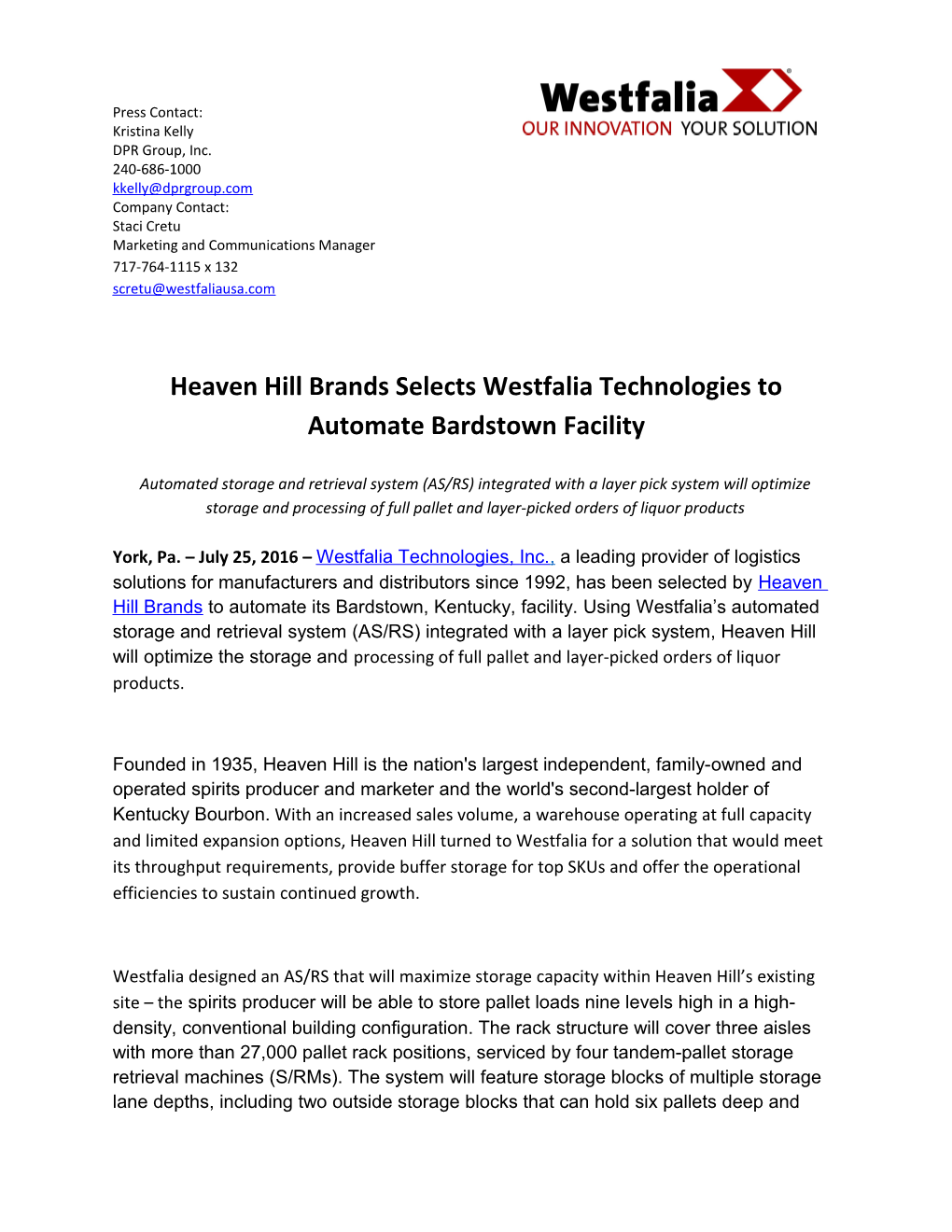 Heaven Hill Brands Selects Westfalia Technologies to Automate Bardstown Facility