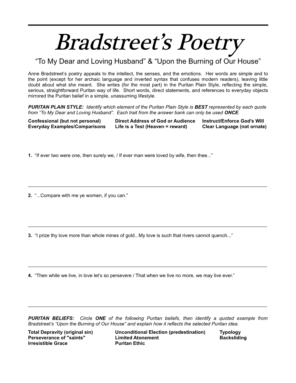 Bradstreet S Poetry to My Dear and Loving Husband & Upon the Burning of Our House