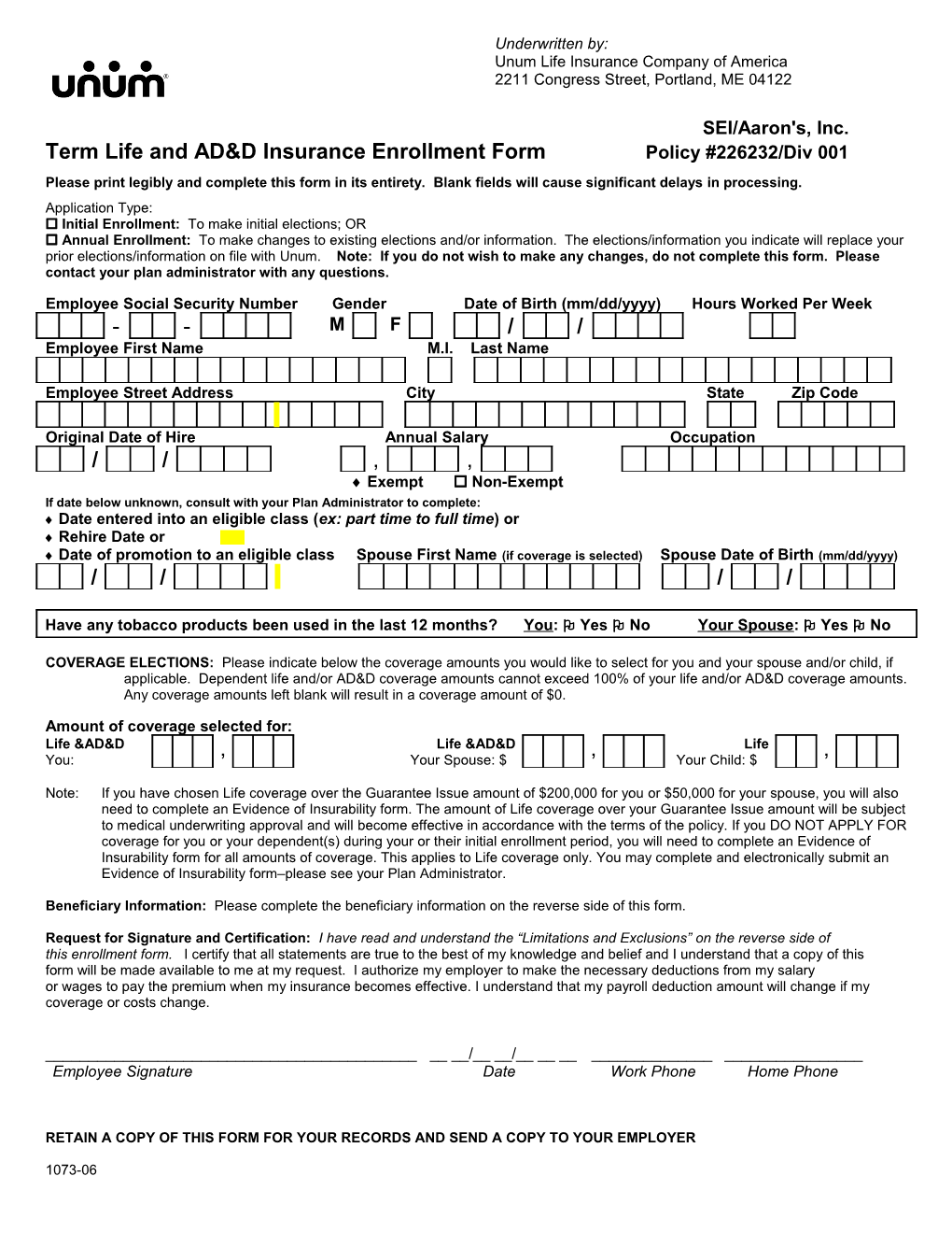 Term Life and AD&D Insurance Enrollment Form Policy #226232/Div 001