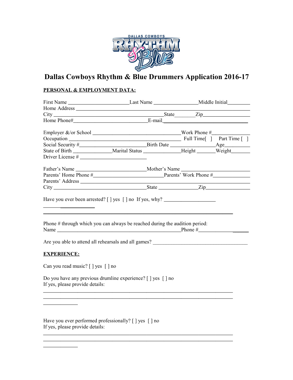 Dallas Cowboys Football Club Cheerleader Application