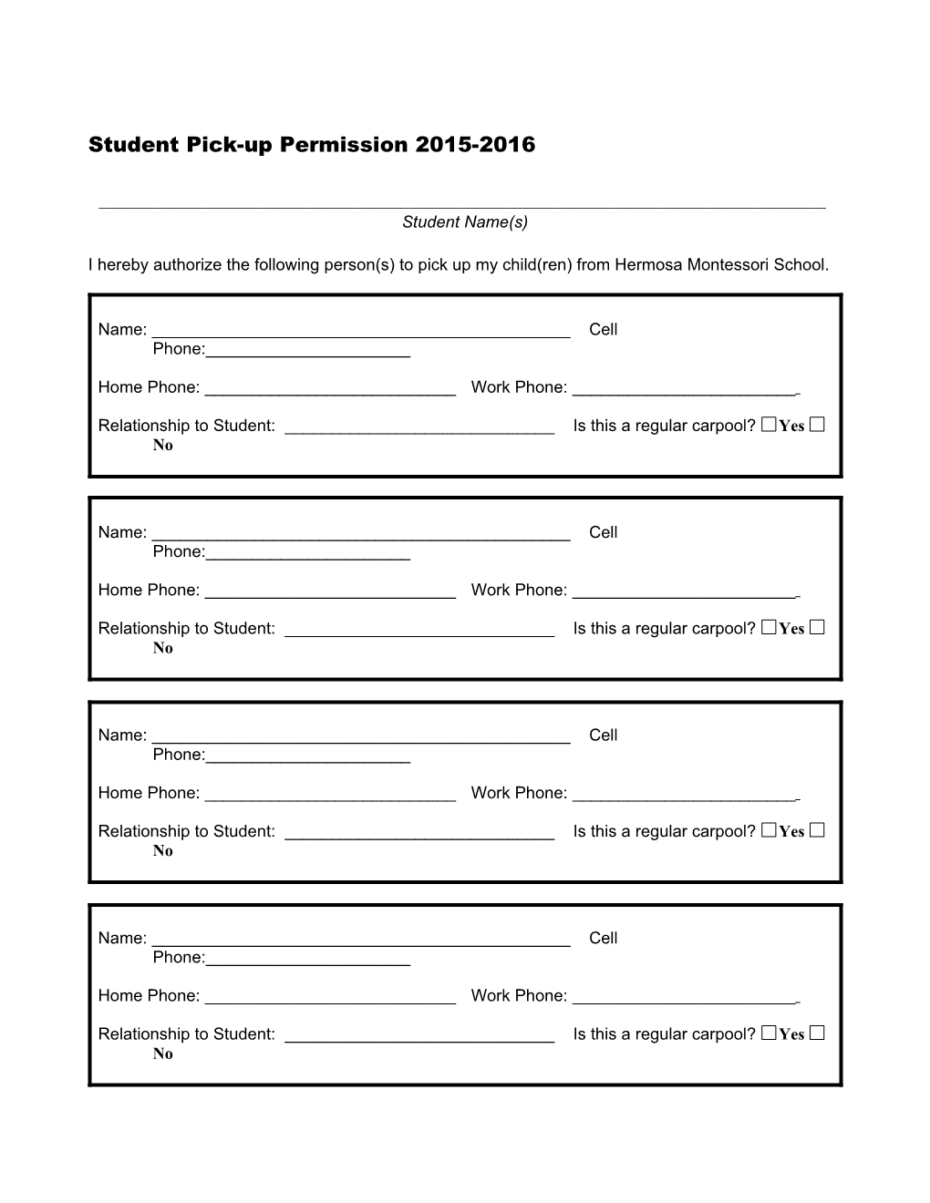 Permission for Student Pick-Up