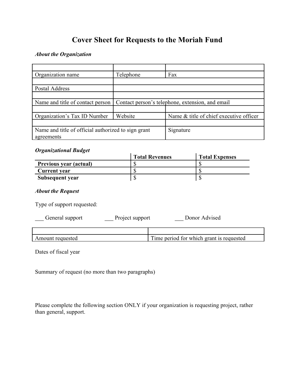 Cover Sheet for General Support Requests