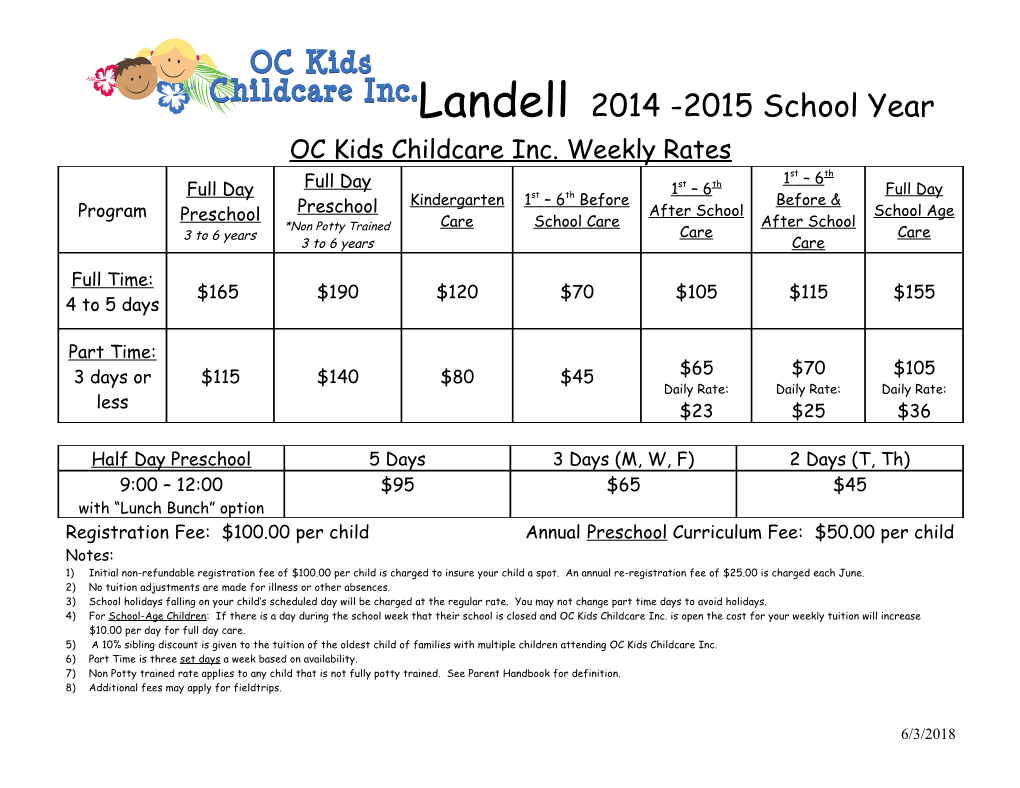 OC Kids Childcare Inc. Weekly Rates