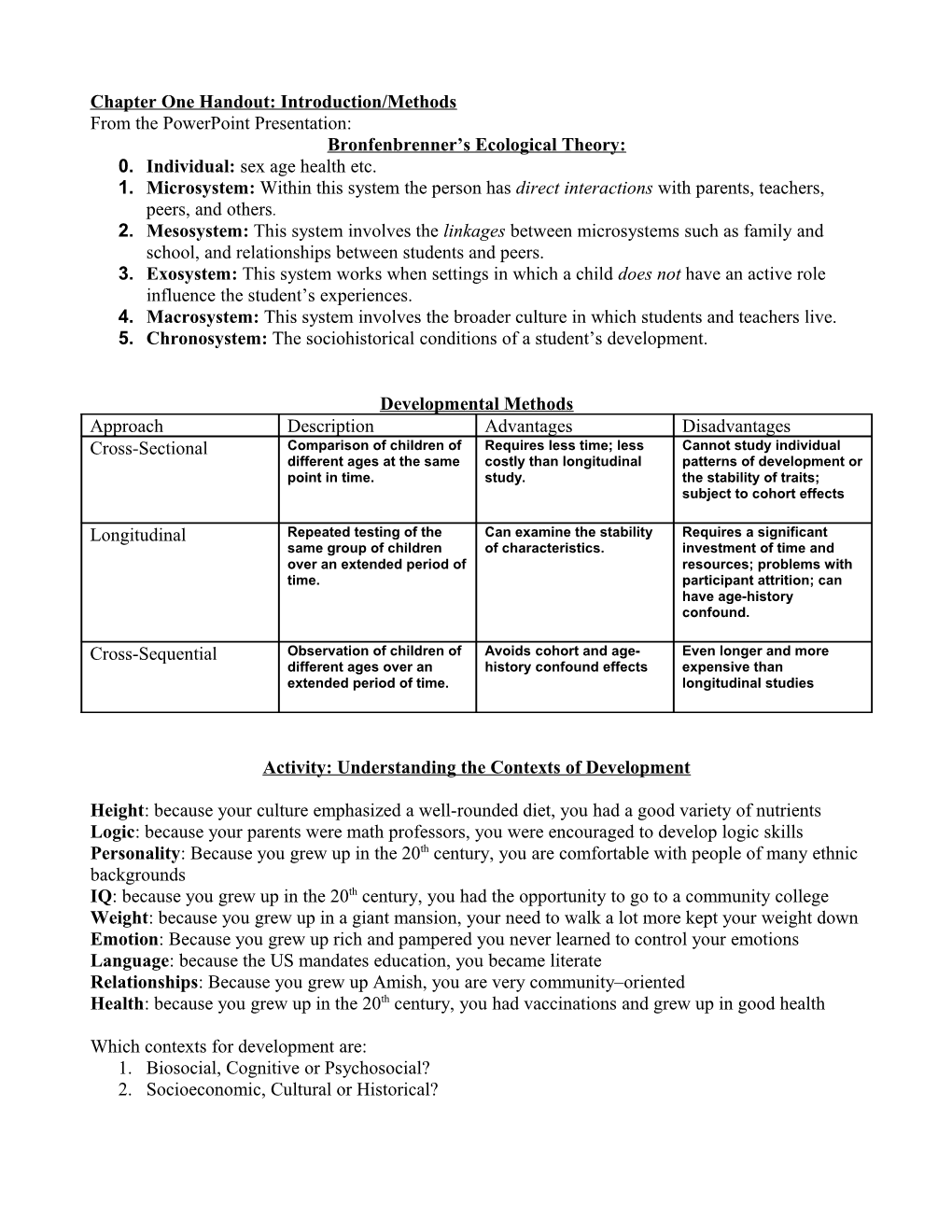 Chapter One Handout: Introduction/Methods