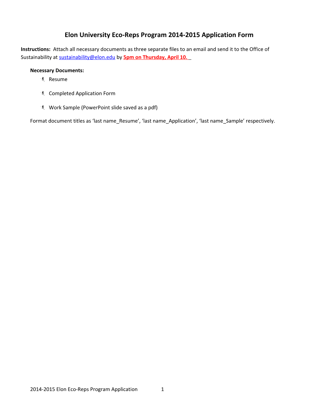 Elon University Eco-Reps Program 2014-2015 Application Form