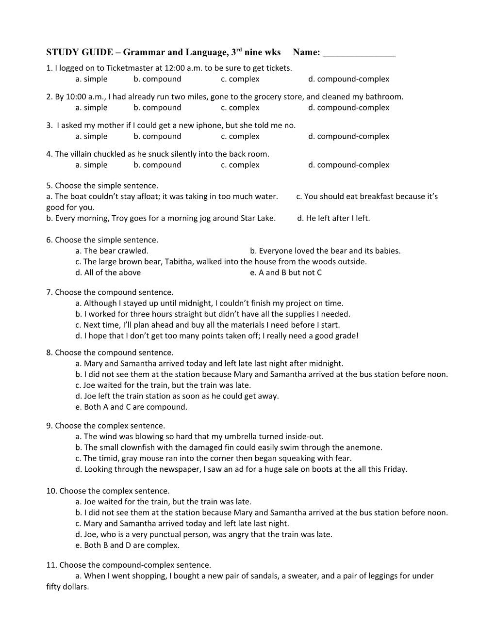 STUDY GUIDE Grammar and Language, 3Rd Nine Wks Name: ______