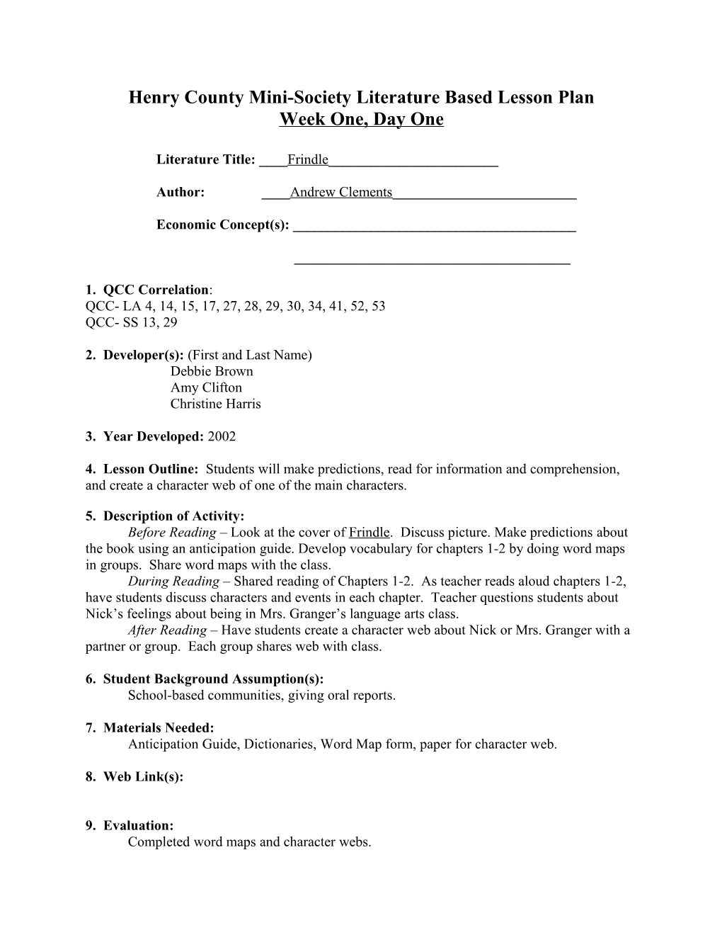 Henry County Mini-Society Literature Based Lesson Plan