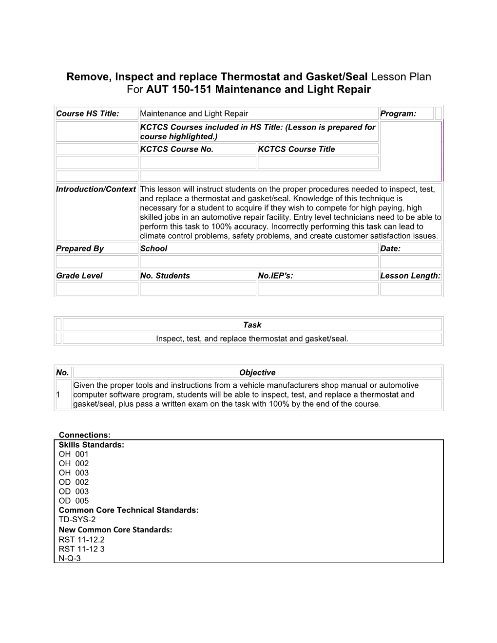 Remove, Inspect and Replace Thermostat and Gasket/Seal Lesson Plan