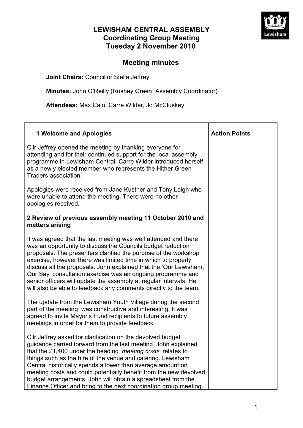 Lewisham Central Assembly Coordinating Group 02 November 2010 Minutes