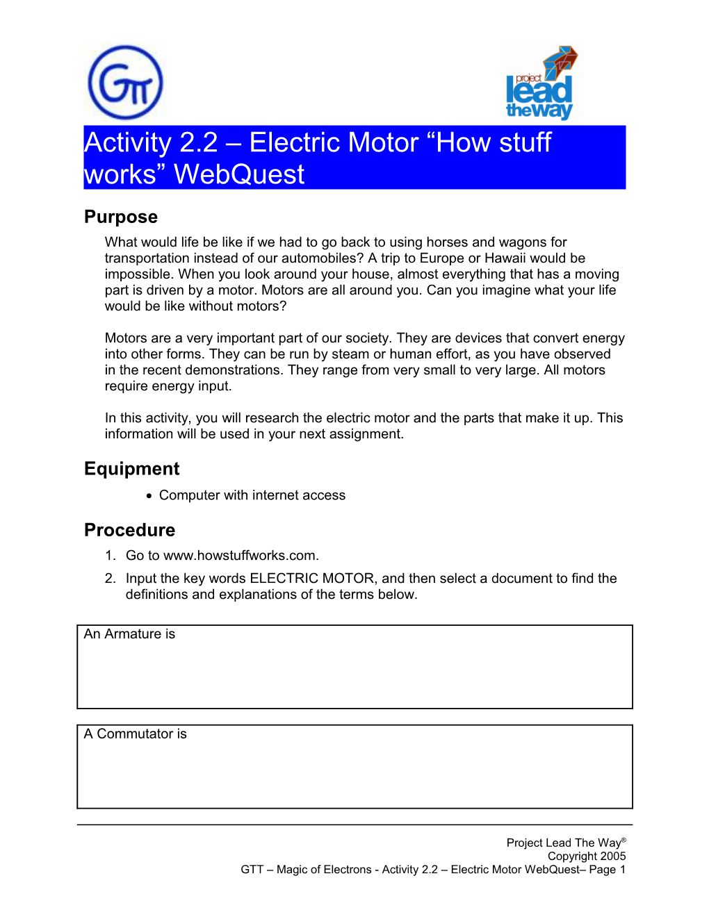 Activity 2.2 Electric Motor How Stuff Works Webquest