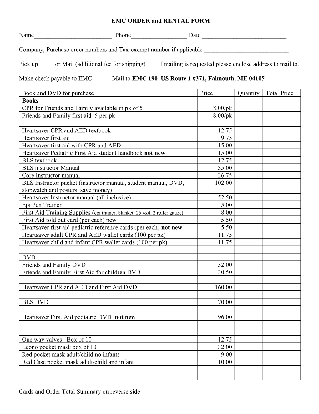 EMC ORDER and RENTAL FORM