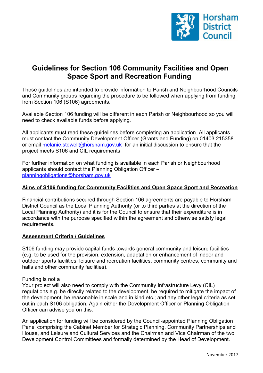 Guidelines for Section 106 Community Facilities and Open Space Sport and Recreation Funding