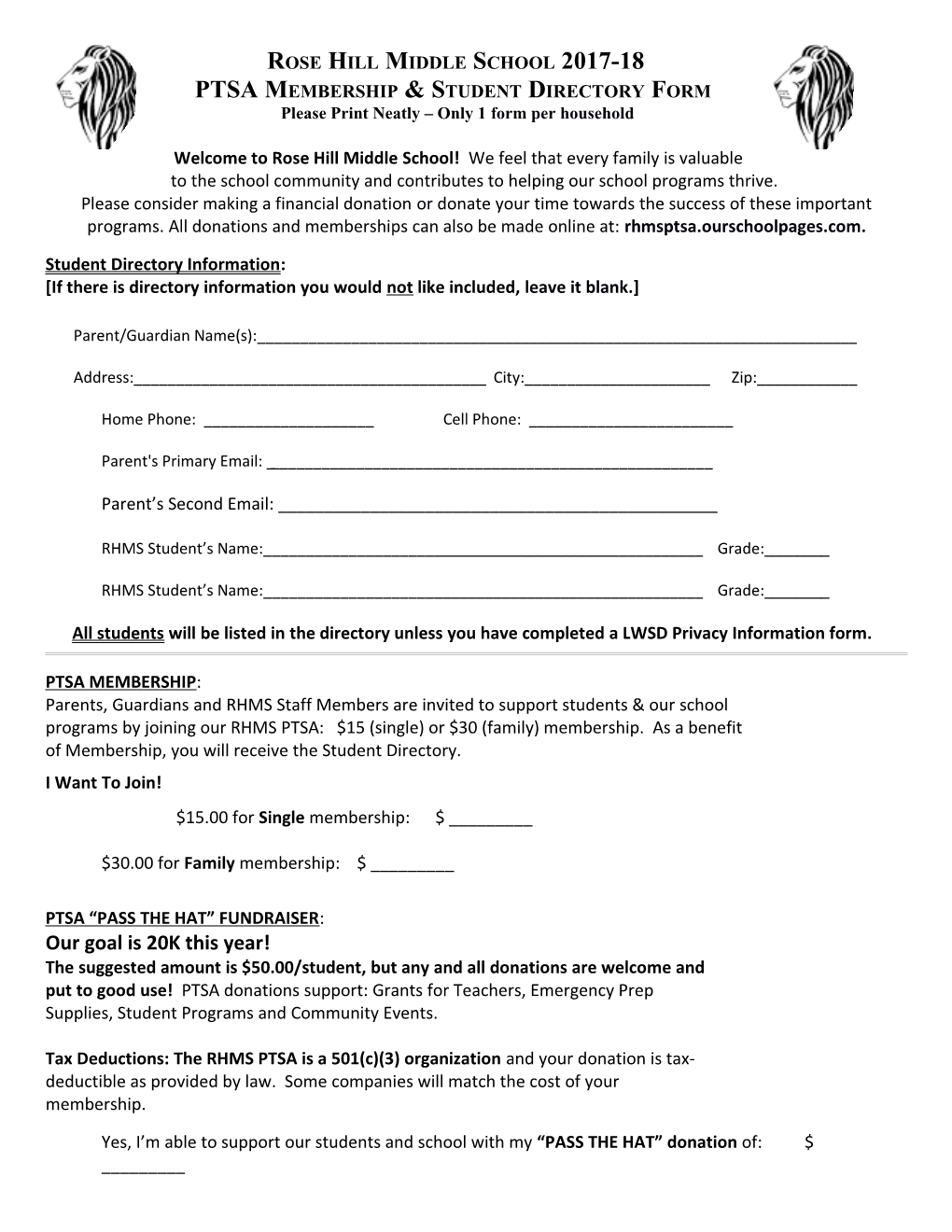 PTSA Membership & Student Directory Form