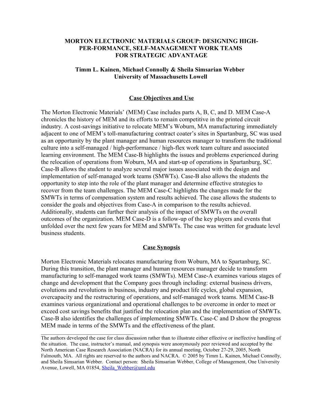 Morton Electronic Materials Group: Designing High-Performance, Self-Management Work Teams For