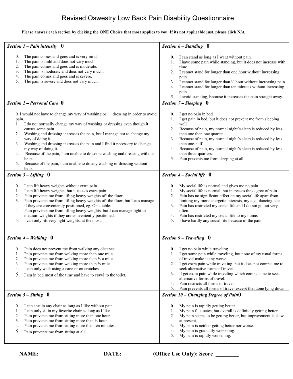 Revised Oswestry Low Back Pain Disability Questionnaire