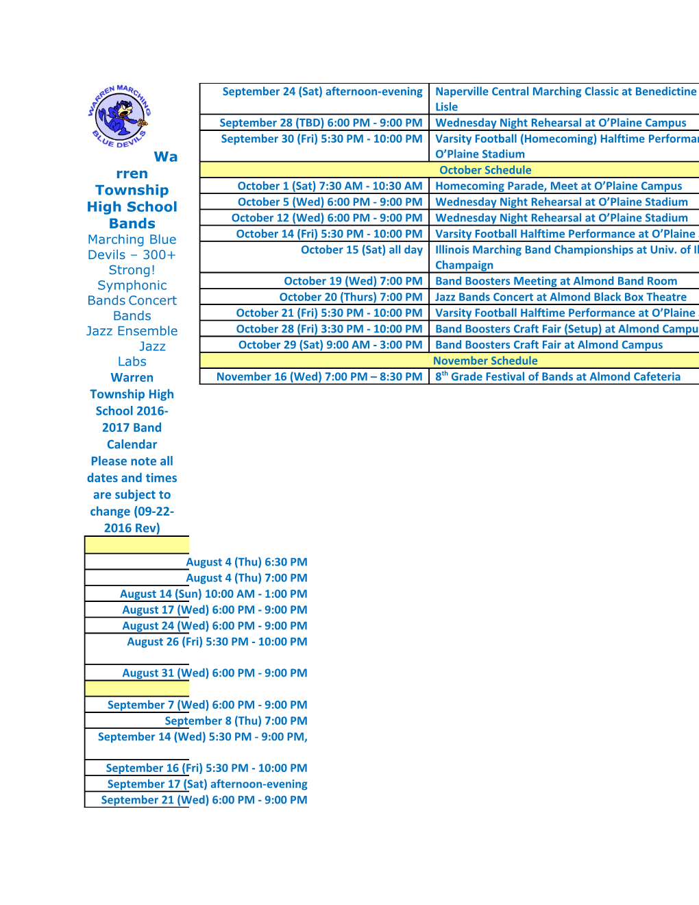 Warren Township High School 2016-2017 Band Calendar