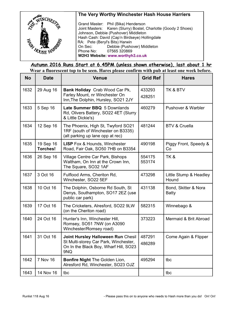 Autumn 2016 Runs Start at 6.45PM (Unless Shown Otherwise), Last About 1 Hr