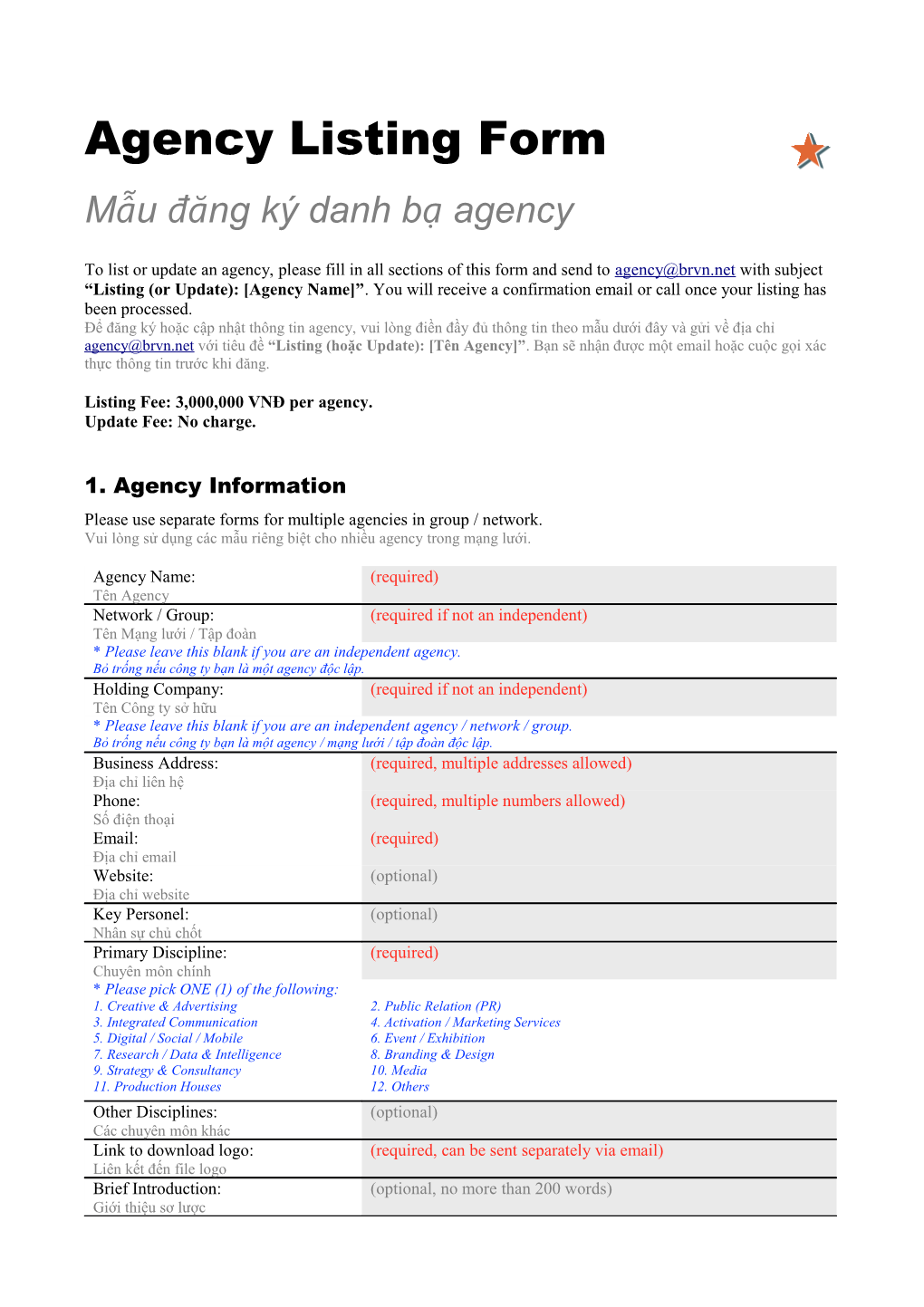 Mẫu Đăng Ký Danh Bạ Agency