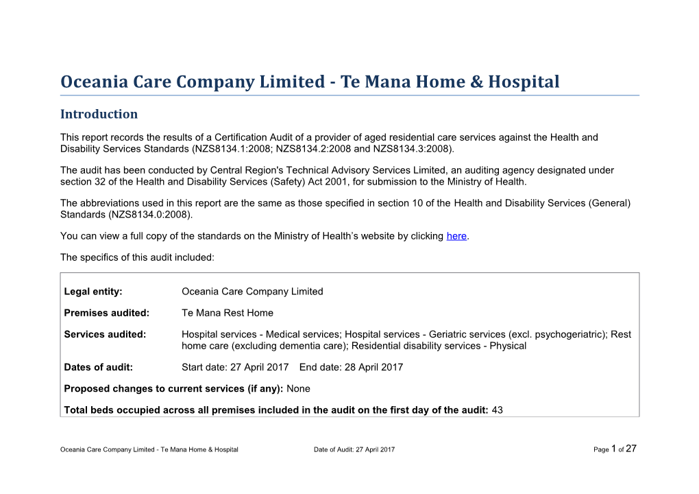 Oceania Care Company Limited - Te Mana Home & Hospital
