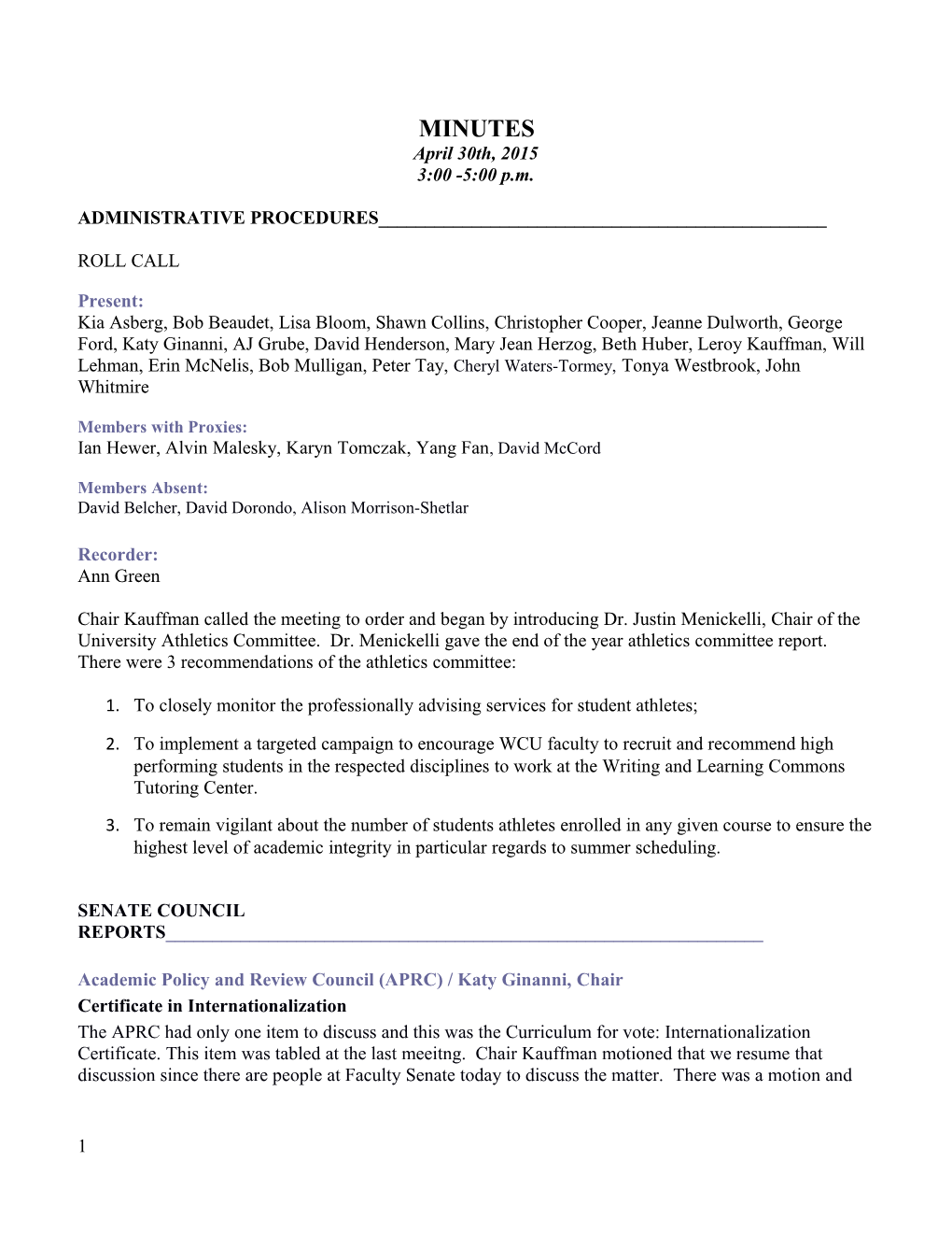 Faculty Senate Meeting Minutes April 30, 2015FOR APPROVAL