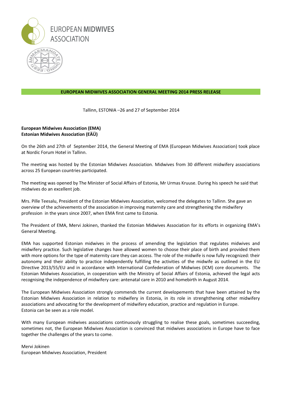 European Midwives Association General Meeting 2014 Press Release