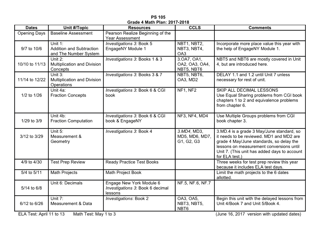 Grade 4 Math Plan: 2017-2018