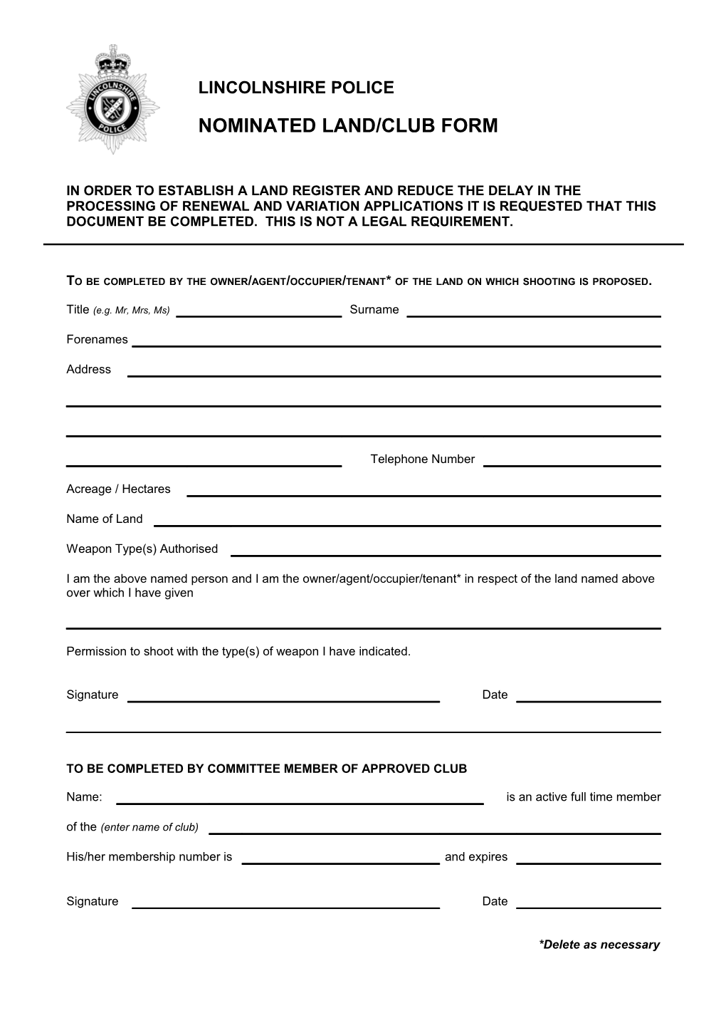Nominated Land/Club Form