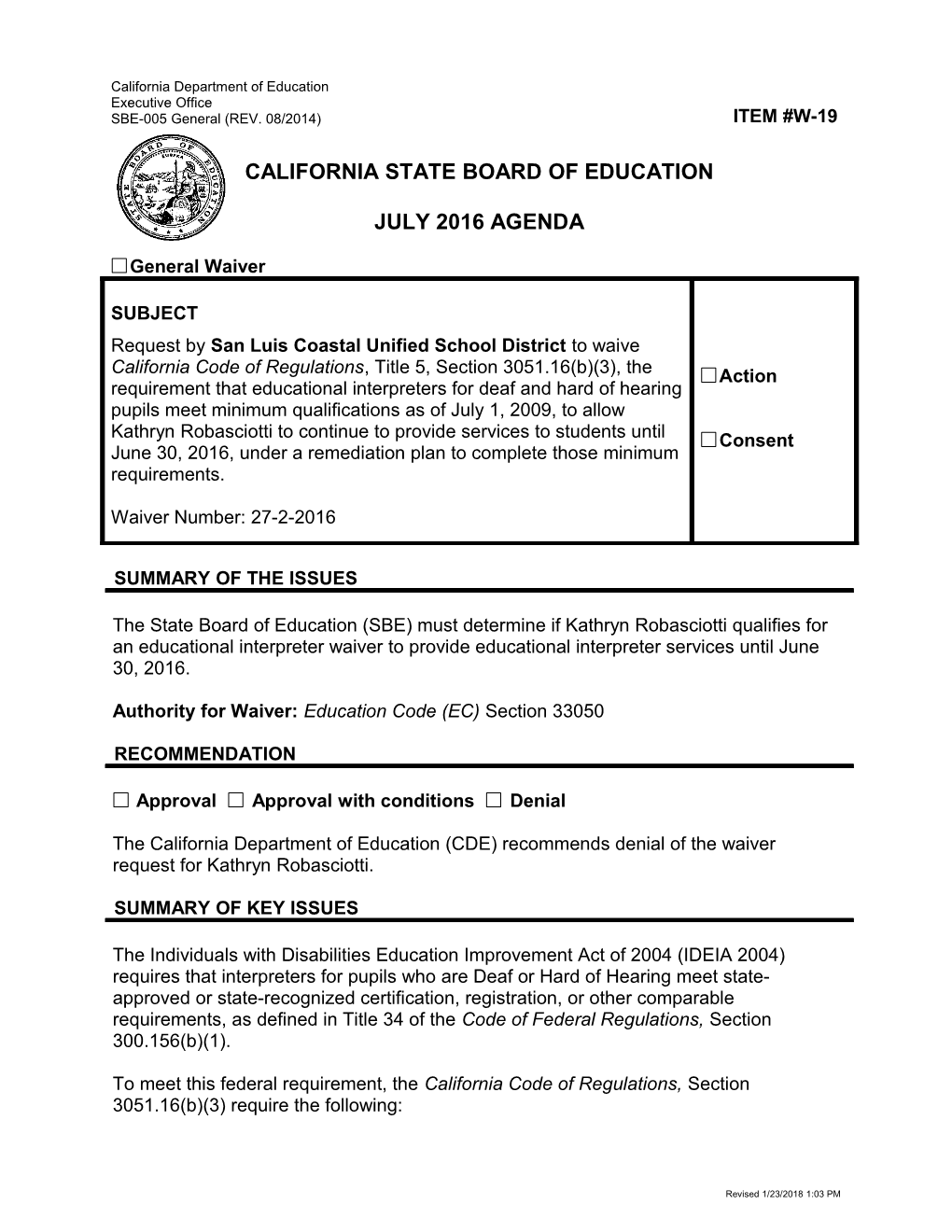 July 2016 Waiver Item W-19 - Meeting Agendas (CA State Board of Education)