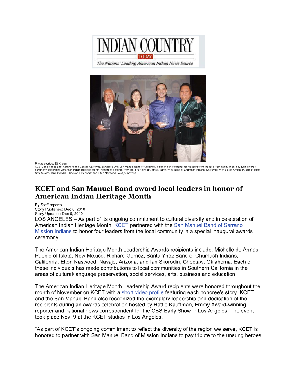 KCET and San Manuel Band Award Local Leaders in Honor of American Indian Heritage Month