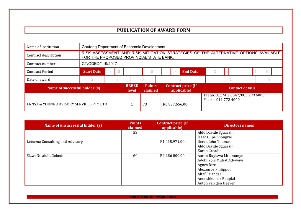 Publication of Award Form