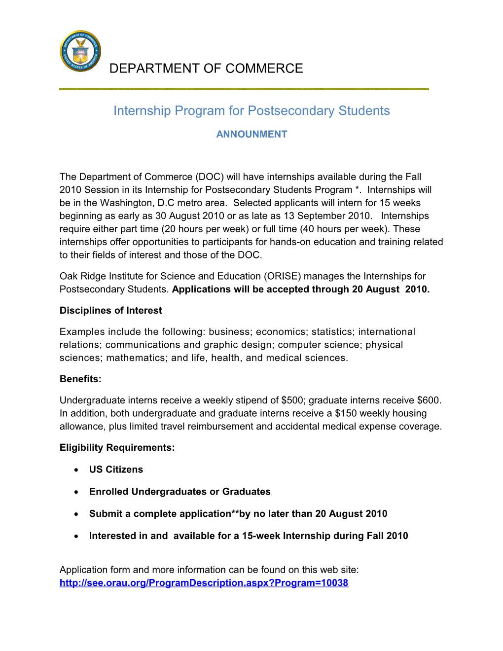 Internship Program for Postsecondary Students