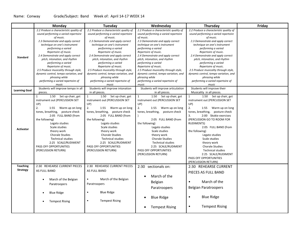 Name: Conway Grade/Subject: Band Week Of: April 14-17 WEEK 14