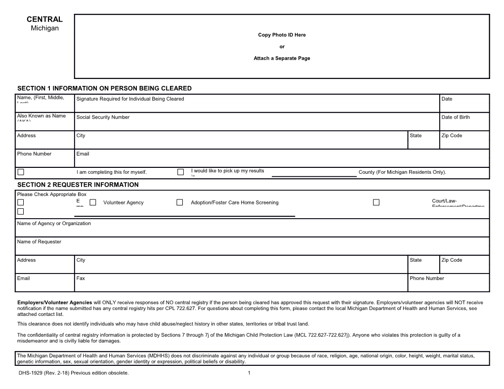 Central Registry Clearance Request - DHS-1929