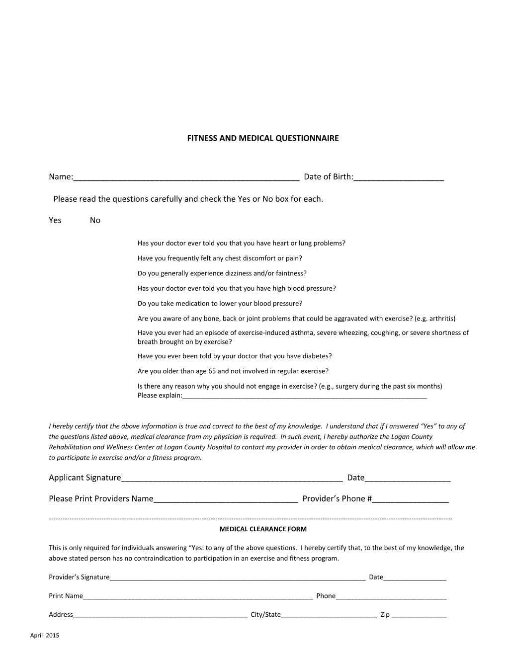 Fitness and Medical Questionnaire