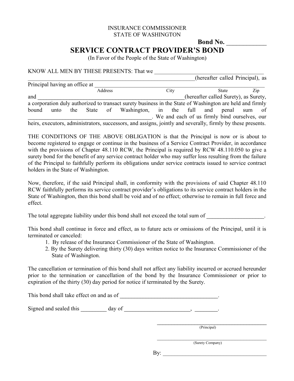 WA State Service Contract Provider S Bond Form