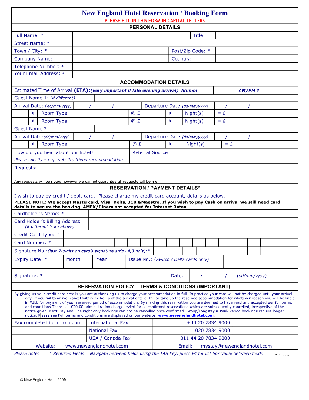 New England Hotel Reservation / Booking Form