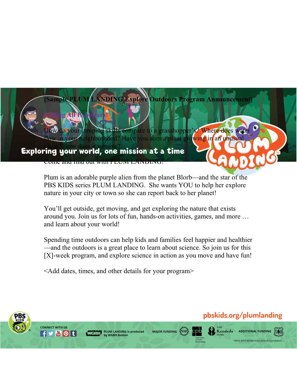 Sample PLUM LANDING Explore Outdoors Program Announcement